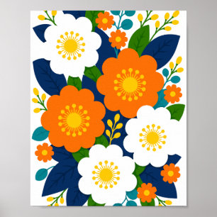 Poster Art floral coloré avec des fleurs orange et blanch