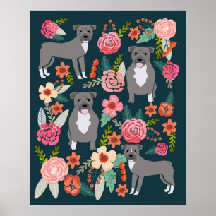 Poster Art floral de chien de Pitbull Terrier