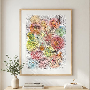 Poster Art floral doodle ombré aquarelle vibrant
