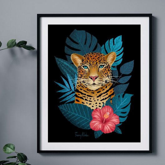 Poster Art Floral Jungle Leopard élégant | bleu marine