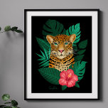 Poster Art Floral Jungle Leopard élégant | Noir vert<br><div class="desc">Cette superbe affiche d'art présente un léopard dessiné à la main, avec des feuilles de jungle tropicale et une fleur d'hibiscus rose vif sur un arrière - plan de couleur personnalisé (en noir). Moderne, beau et unique - fait un grand cadeau! *Oeuvre / Illustration de Tracey Khalei / Imprimés Orabella...</div>