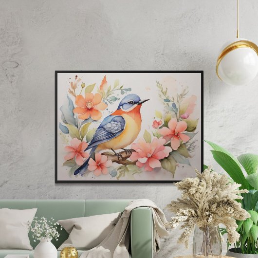 Poster Art floral oiseau aquarelle fantaisiste 