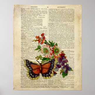 Poster Art floral papillon sur la page de dictionnaire vi