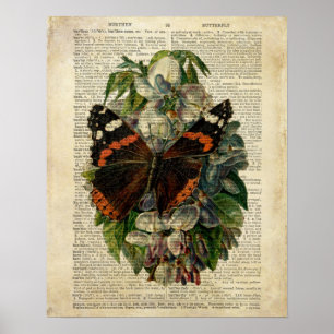 Poster Art floral papillon sur la page de dictionnaire vi