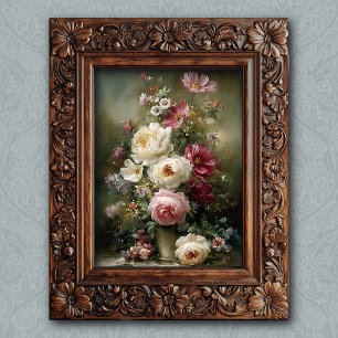 Poster Art floral vintage français rose et blanc de pivoi