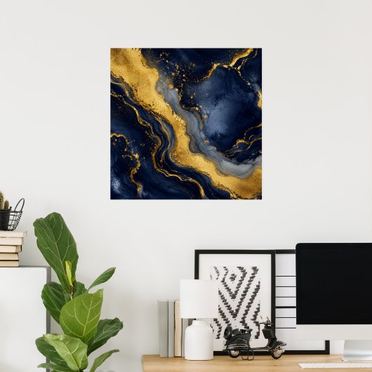 Poster Art fluide abstrait luxe marine or (Bureau à domicile)