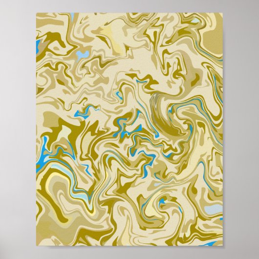 Poster Art fluide abstrait moutarde et bleu (Devant)