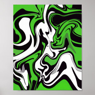 Poster Art fluide abstrait vert, noir et blanc