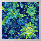 Poster Art folklorique floral bleu vert gras (Devant)