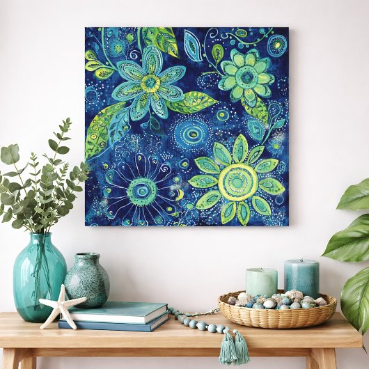 Poster Art folklorique floral bleu vert gras