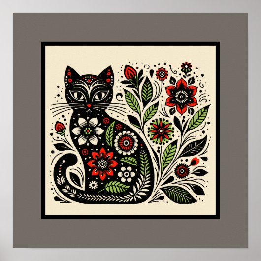 Poster Art folklorique floral Feline (Devant)