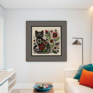 Poster Art folklorique floral Feline