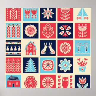 Poster Art folklorique scandinave : vintage floral.