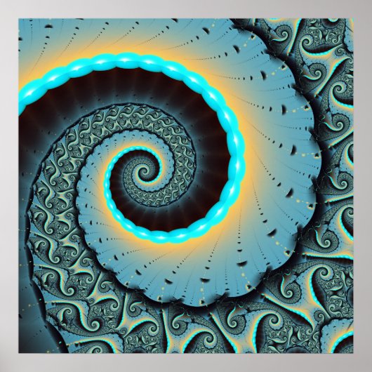 Poster Art fractal spirale abstrait bleu turquoise orange (Devant)