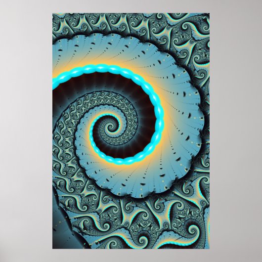 Poster Art fractal spirale abstrait bleu turquoise orange (Devant)