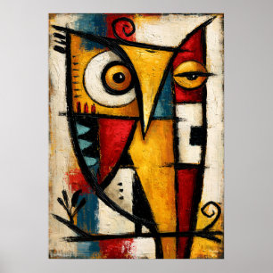 Poster Art géométrique abstrait chouette cubiste primitif