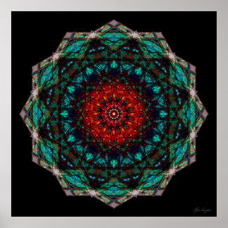 Poster Art géométrique mandala rouge turquoise complexe