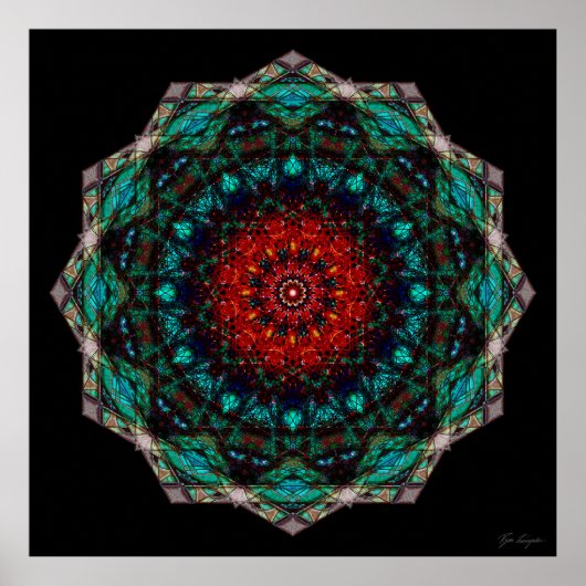 Poster Art géométrique mandala rouge turquoise complexe (Devant)