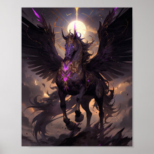 Poster Art Imaginaire noir violet Unicorne