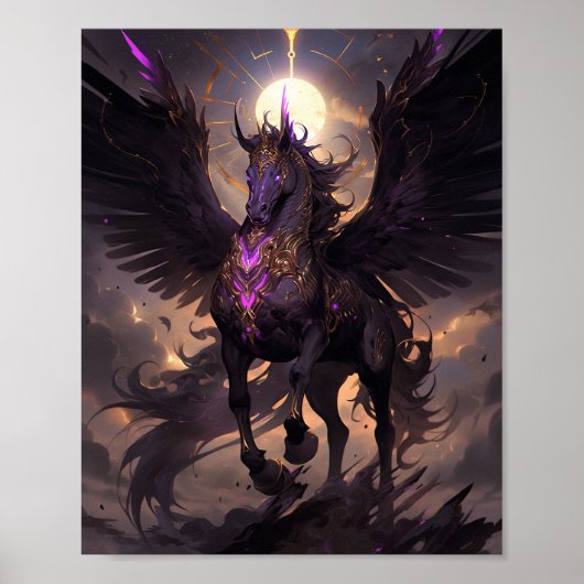 Poster Art Imaginaire noir violet Unicorne (Devant)