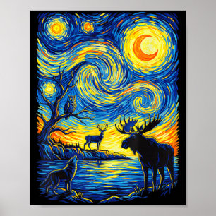 Poster Art Impressionniste Faune Nature Élan Loup Hibou
