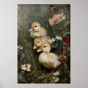 Poster Art imprimable de trois canetons antiques, Canard