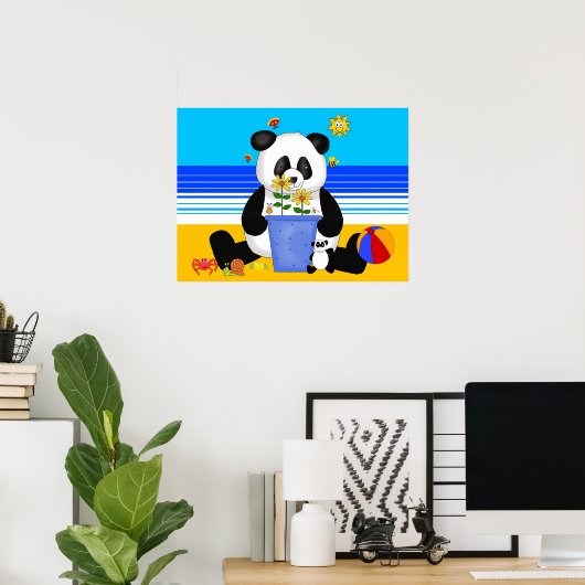Poster Art Kind Panda aan het strand (Thuiskantoor)