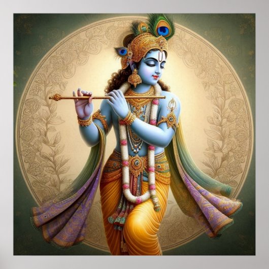 Poster Art Krishna au clair de lune : divinité de la flût (Devant)