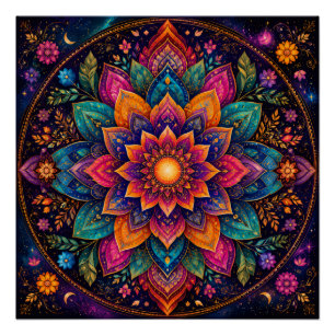 POSTER ART MANDALA FLORAL AUX TONS DE JOYAU COSMIQUE