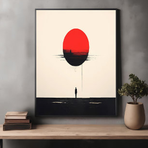 Poster Art minimaliste Abstrait de Soleil Rouge et Solitu