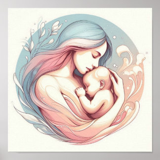 Poster Art minimaliste pastel de maman avec bébé