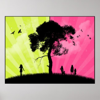 Poster Art moderne - Ciel vert et rose avec arbre