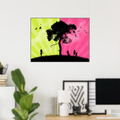 Poster Art moderne - Ciel vert et rose avec arbre (Bureau à domicile)