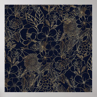 Art moderne Gold Blue Floral Doodles
