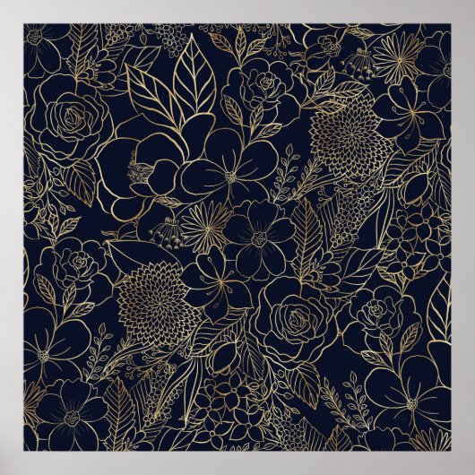 Poster Art moderne Gold Blue Floral Doodles (Devant)