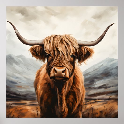Poster Art moderne Highland Cow aquarelle (Devant)
