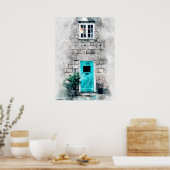 Poster Art moderne peinture d'aquarelle de porte bleue (Cuisine)