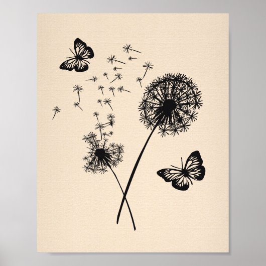 Poster Art Moderne Pink Black Dandelion Souhaite Papillon (Devant)
