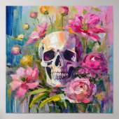 Poster Art moderne Vie morte Crâne et fleurs Abstraits (Devant)