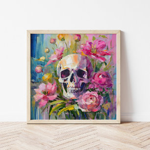 Poster Art moderne Vie morte Crâne et fleurs Abstraits