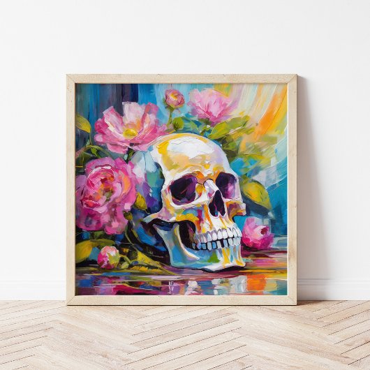 Poster Art moderne Vie morte Crâne et fleurs Abstraits