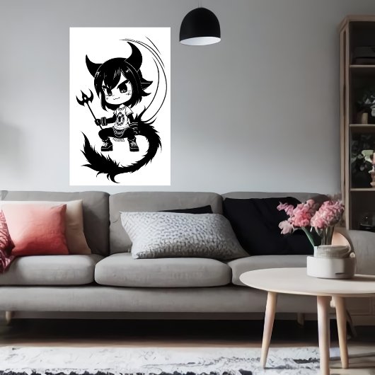 Poster Art noir et blanc jeune fille diable | Art AI