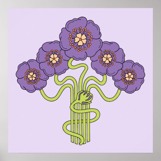 Poster Art Nouveau dessin de fleurs violet carré (Devant)
