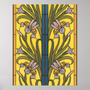 Poster Art Nouveau Iris Fleur Verre Coloré Bleu Or
