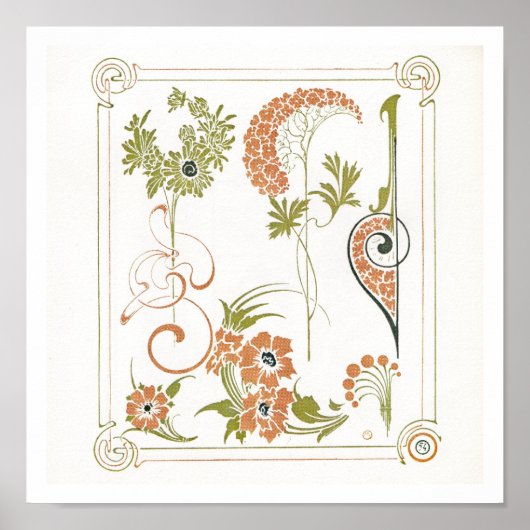 Poster Art nouveau Mucha floral abstrait art pêches vert (Devant)