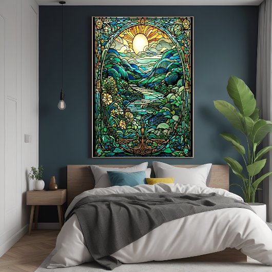 Poster Art Nouveau Verre Tiré Soleil Levant Paysage Art