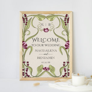 Poster Art Nouveau Vintage Burgundy Rose Fleurie Bienvenu