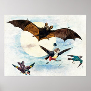 Poster Art Nouveau vintage chauve-souris et oiseaux habil