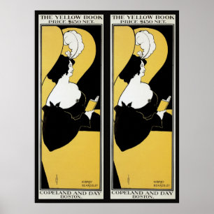 Poster Art Nouveau vintage, femme lisant un livre jaune