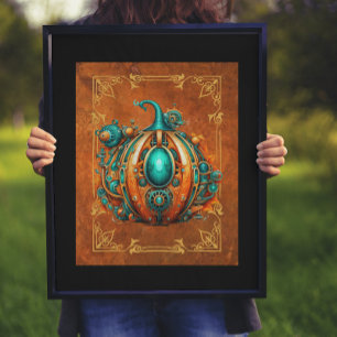 Poster Art numérique Citrouille Aqua & Orange Steampunk